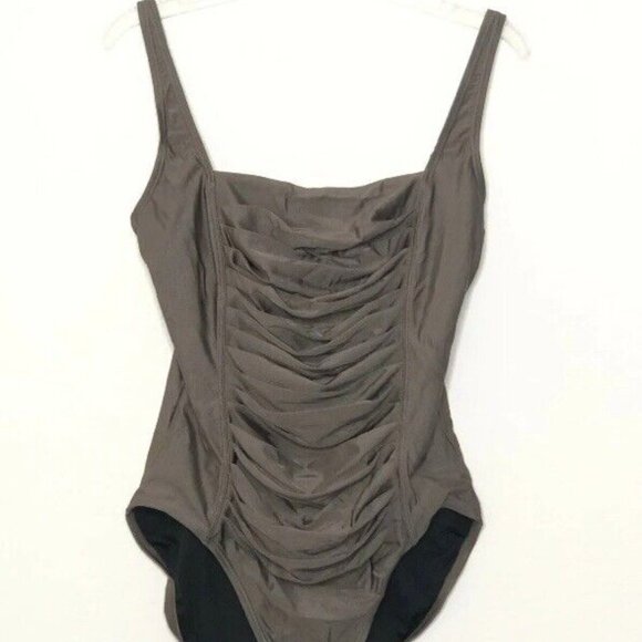 Calvin Klein Women's Ruched Panel One Piece Swimsuit Silver Brown Swimwear Sz 12 - Picture 1 of 16